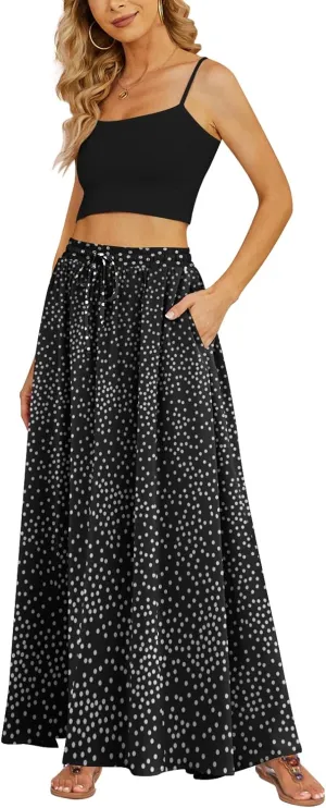 Yincro Women's Flowy Maxi Skirt Summer Pleated High Waisted Casual Long Skirts with Pockets