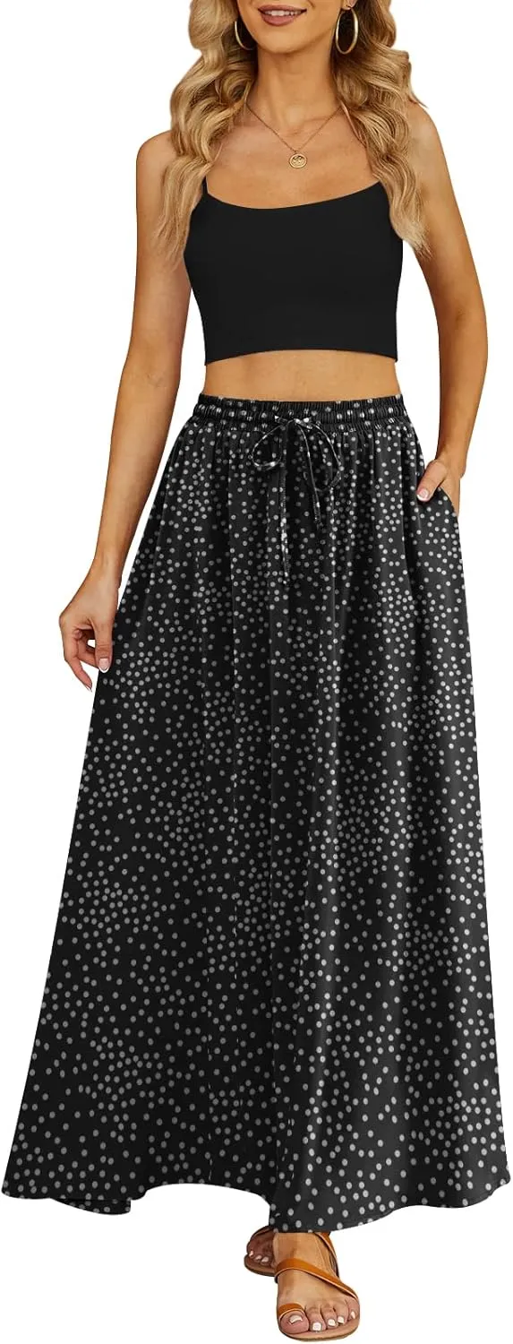 Yincro Women's Flowy Maxi Skirt Summer Pleated High Waisted Casual Long Skirts with Pockets