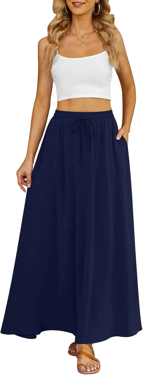 Yincro Women's Flowy Maxi Skirt Summer Pleated High Waisted Casual Long Skirts with Pockets