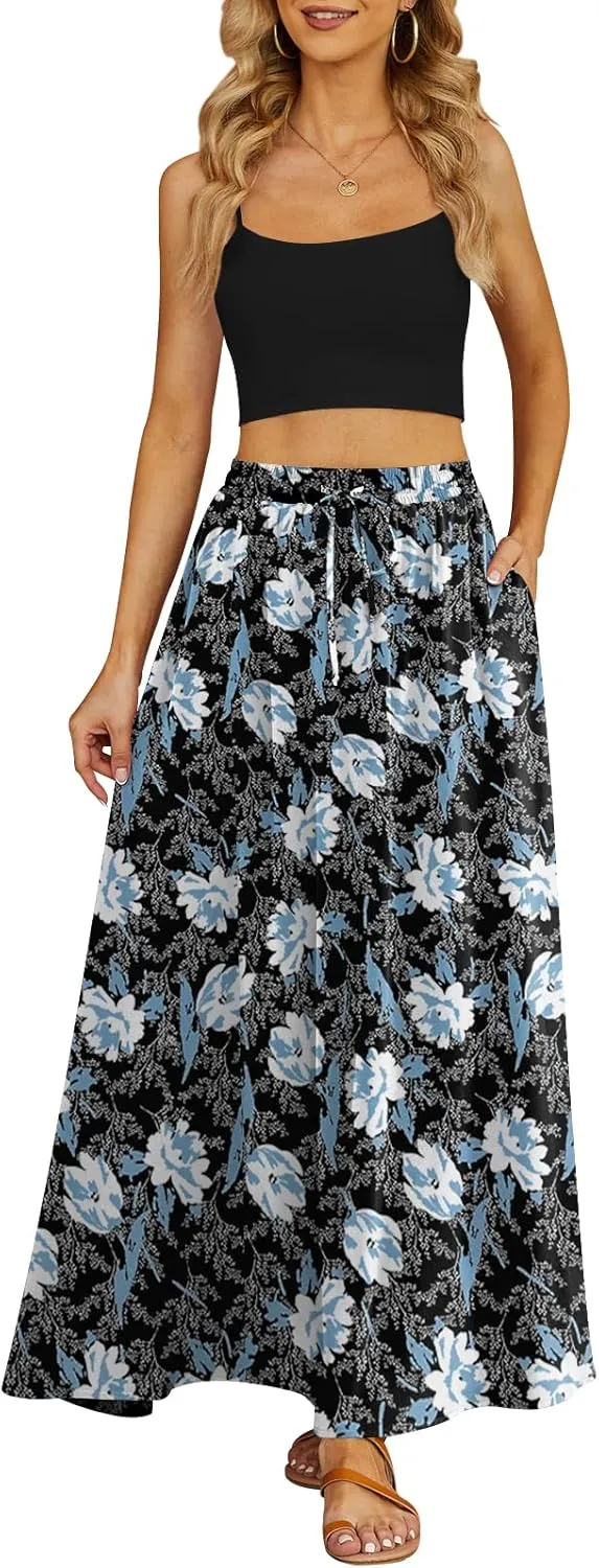 Yincro Women's Flowy Maxi Skirt Summer Pleated High Waisted Casual Long Skirts with Pockets