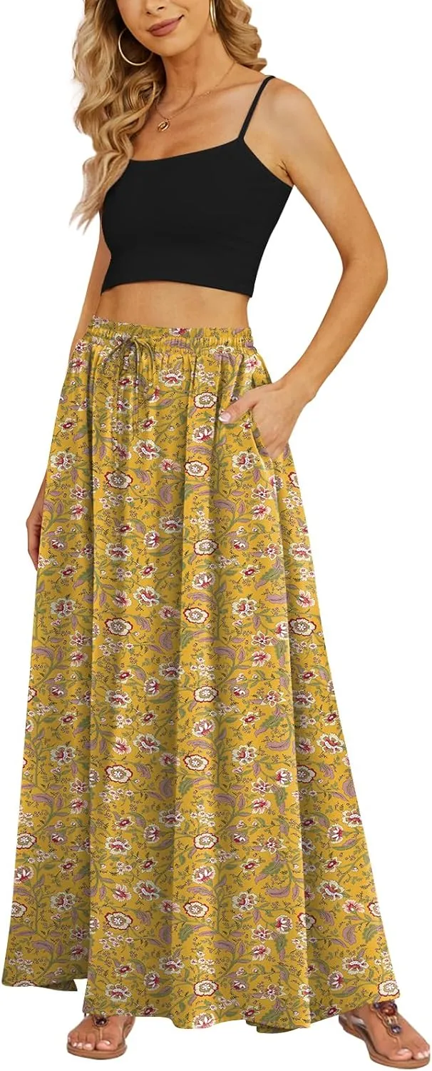 Yincro Women's Flowy Maxi Skirt Summer Pleated High Waisted Casual Long Skirts with Pockets