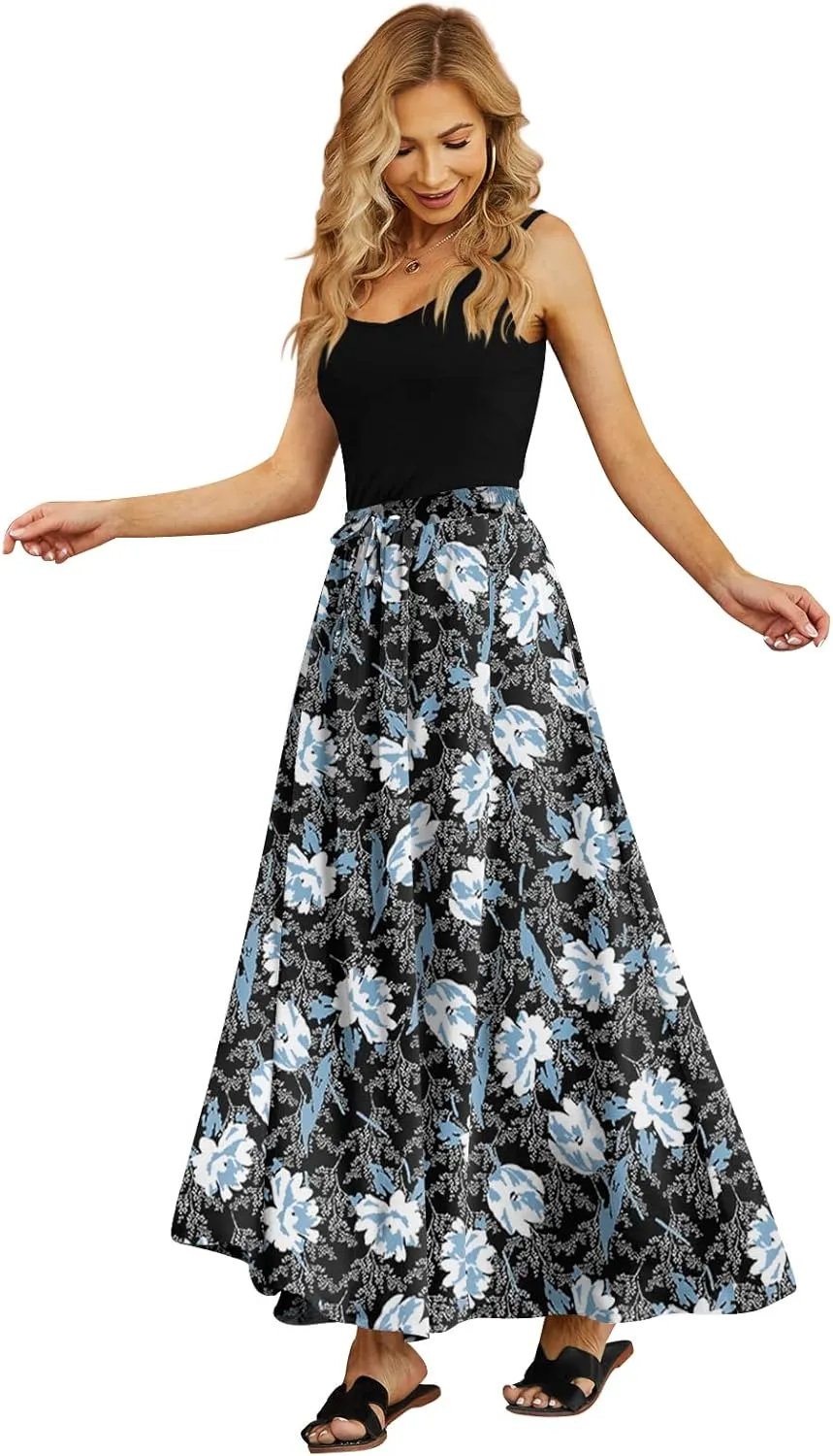 Yincro Women's Flowy Maxi Skirt Summer Pleated High Waisted Casual Long Skirts with Pockets