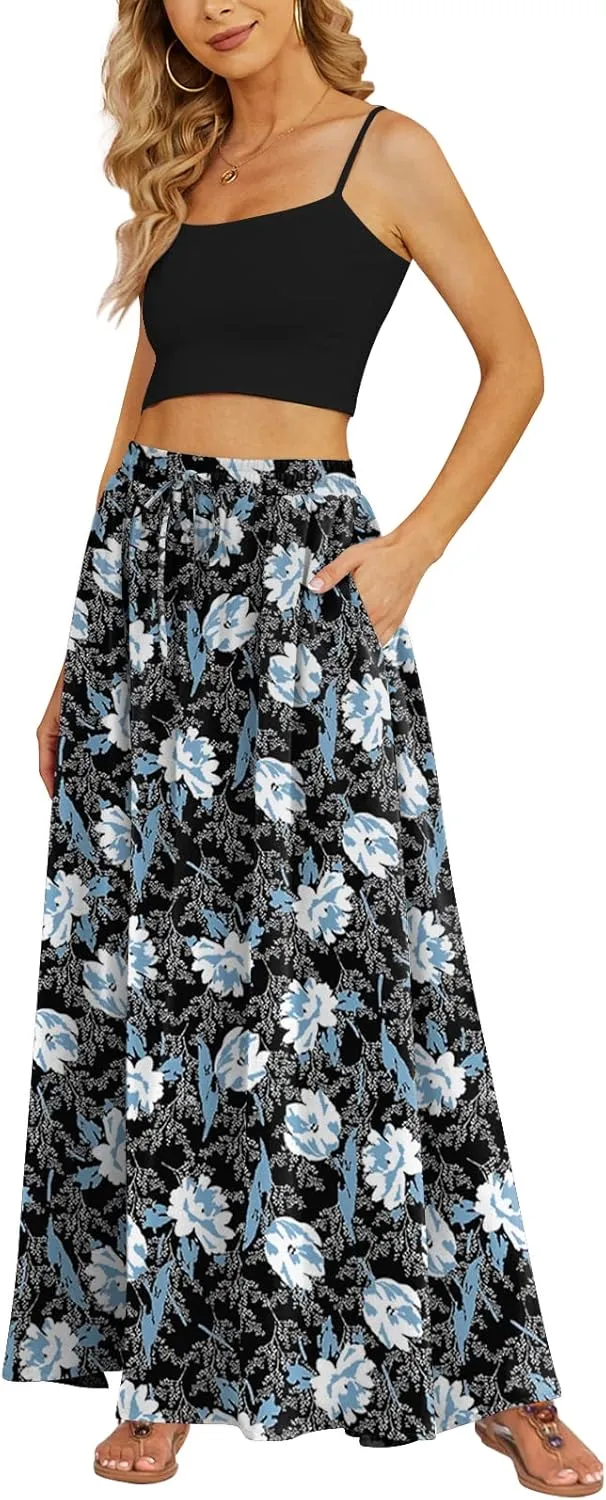 Yincro Women's Flowy Maxi Skirt Summer Pleated High Waisted Casual Long Skirts with Pockets