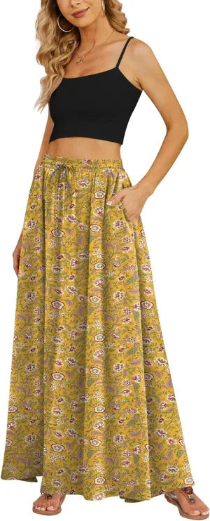 Yincro Women's Flowy Maxi Skirt Summer Pleated High Waisted Casual Long Skirts with Pockets
