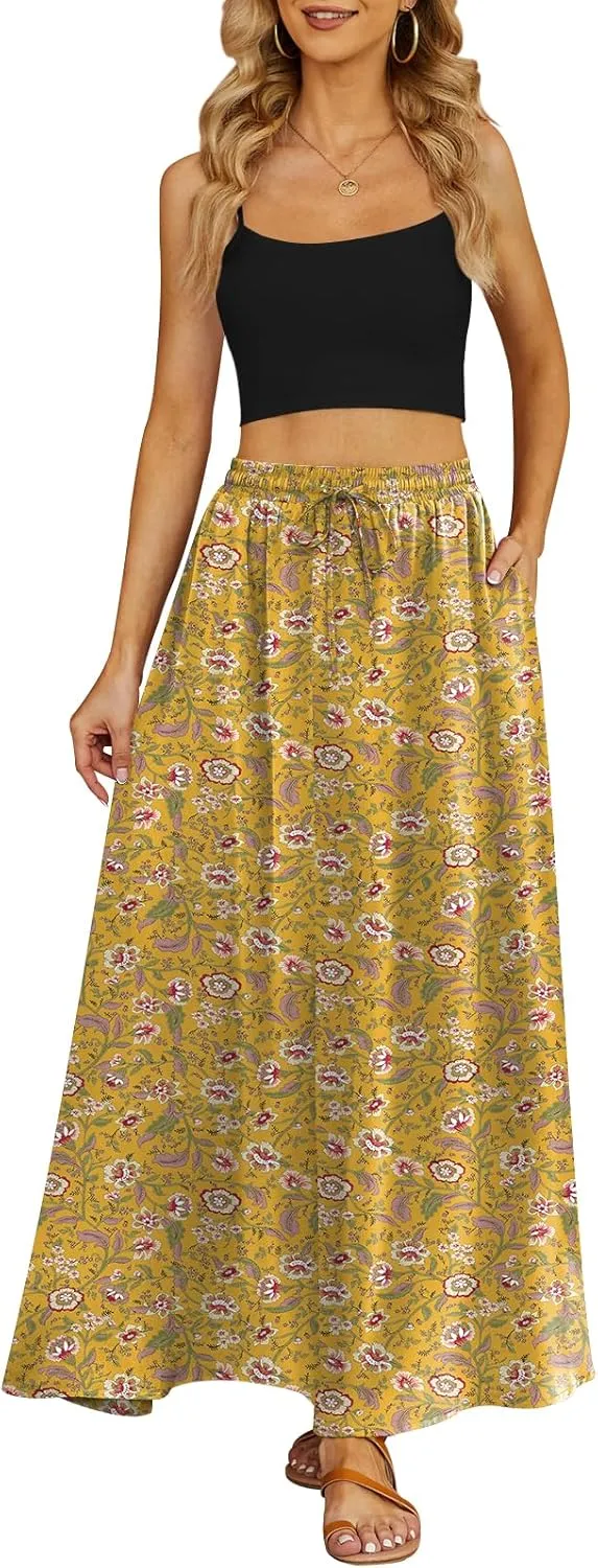 Yincro Women's Flowy Maxi Skirt Summer Pleated High Waisted Casual Long Skirts with Pockets