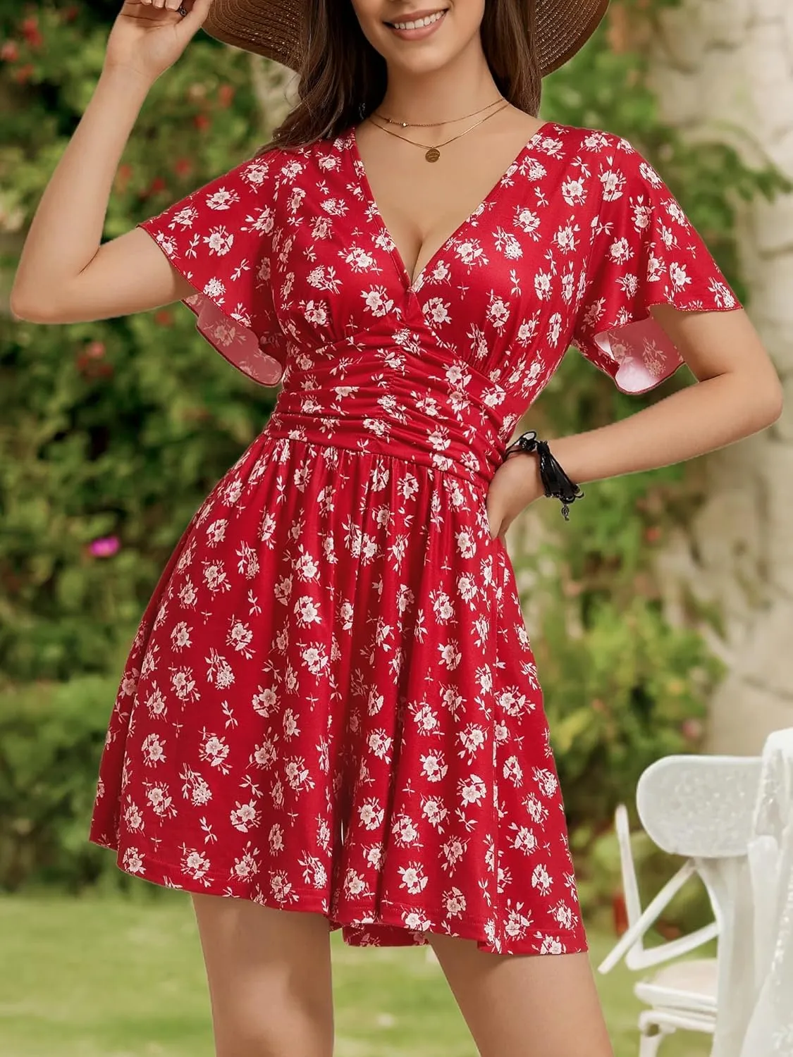 ZABERRY Women's Back Lace Up Floral Rompers with Pockets Short Ruffle Sleeve Summer Jumpsuits Wide leg Outfit