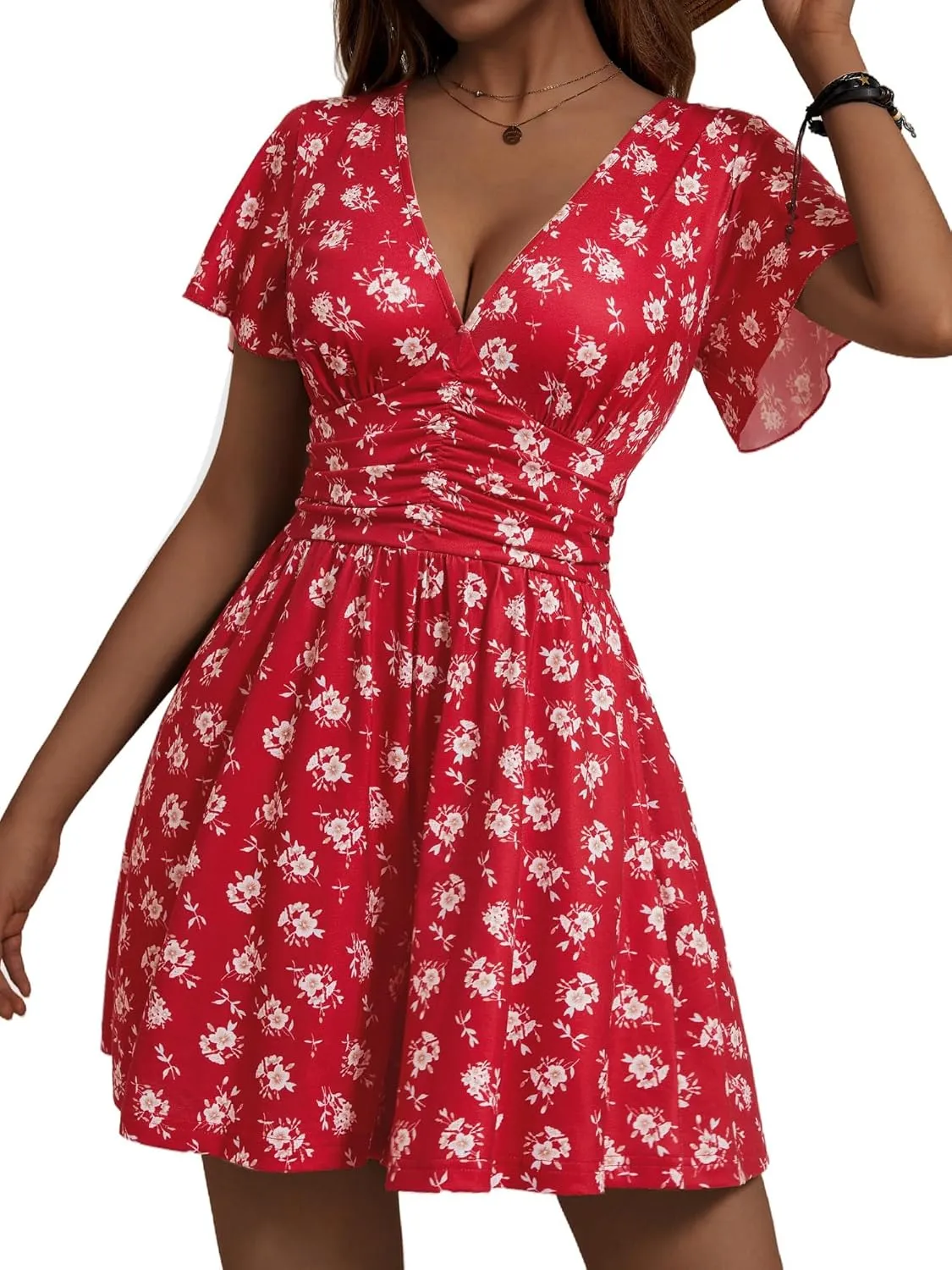 ZABERRY Women's Back Lace Up Floral Rompers with Pockets Short Ruffle Sleeve Summer Jumpsuits Wide leg Outfit
