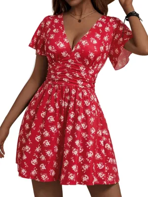 ZABERRY Women's Back Lace Up Floral Rompers with Pockets Short Ruffle Sleeve Summer Jumpsuits Wide leg Outfit