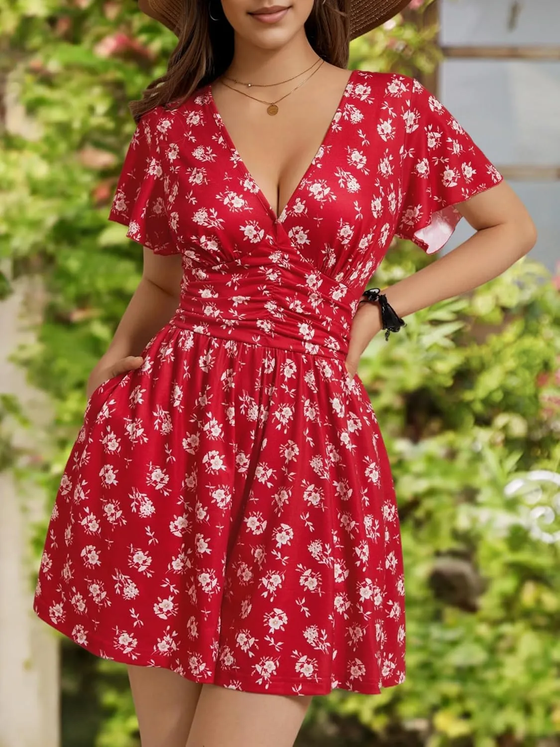 ZABERRY Women's Back Lace Up Floral Rompers with Pockets Short Ruffle Sleeve Summer Jumpsuits Wide leg Outfit