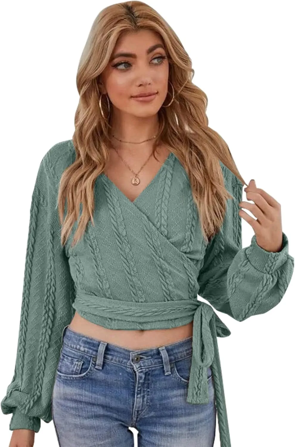ZAFUL Women's V Neck Sweater Lantern Long Sleeve Pullover Cable Knit Cross Crop Top Casual Tie Wrap Tunic Jumper Blouses