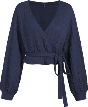 ZAFUL Women's V Neck Sweater Lantern Long Sleeve Pullover Cable Knit Cross Crop Top Casual Tie Wrap Tunic Jumper Blouses