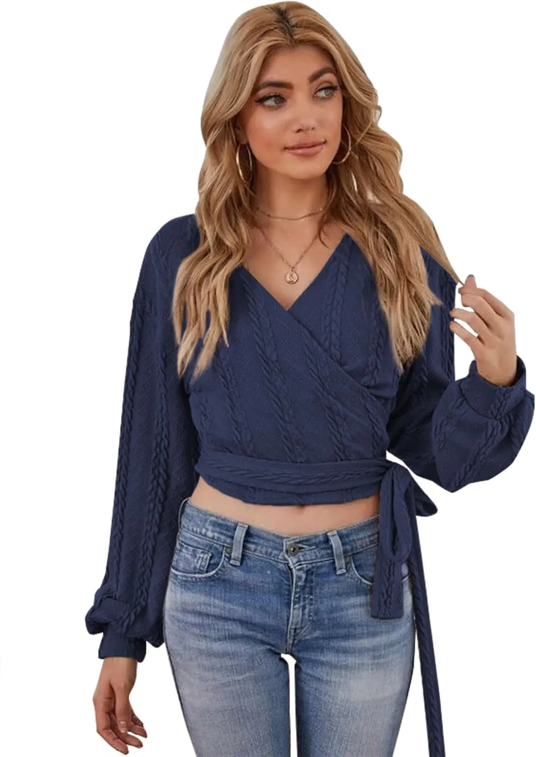 ZAFUL Women's V Neck Sweater Lantern Long Sleeve Pullover Cable Knit Cross Crop Top Casual Tie Wrap Tunic Jumper Blouses