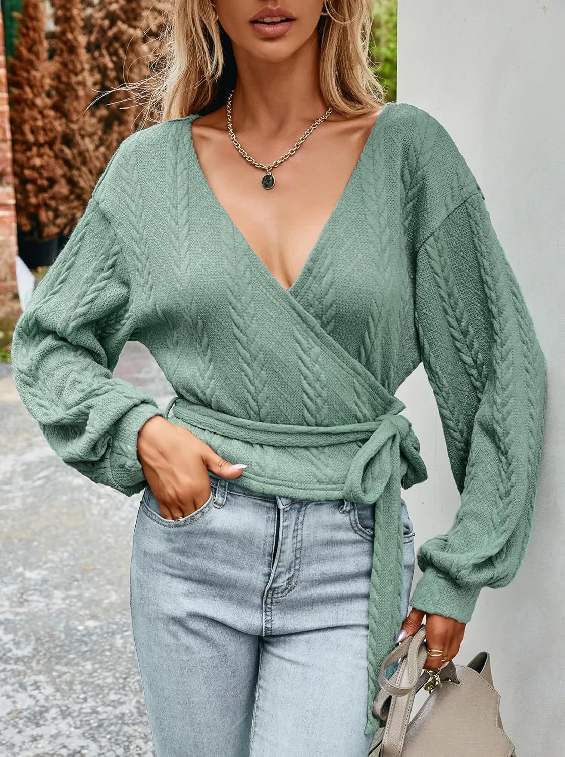 ZAFUL Women's V Neck Sweater Lantern Long Sleeve Pullover Cable Knit Cross Crop Top Casual Tie Wrap Tunic Jumper Blouses