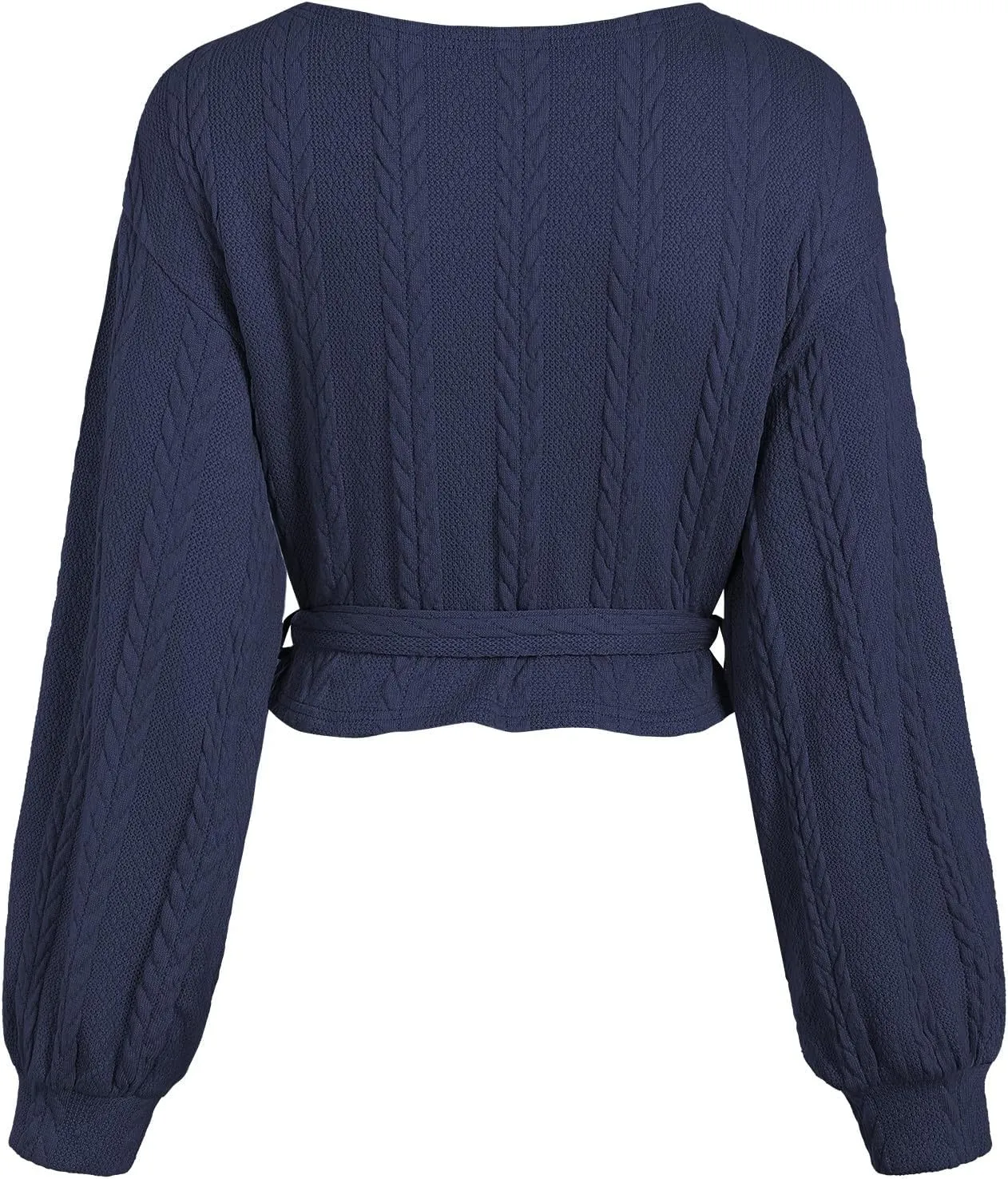 ZAFUL Women's V Neck Sweater Lantern Long Sleeve Pullover Cable Knit Cross Crop Top Casual Tie Wrap Tunic Jumper Blouses