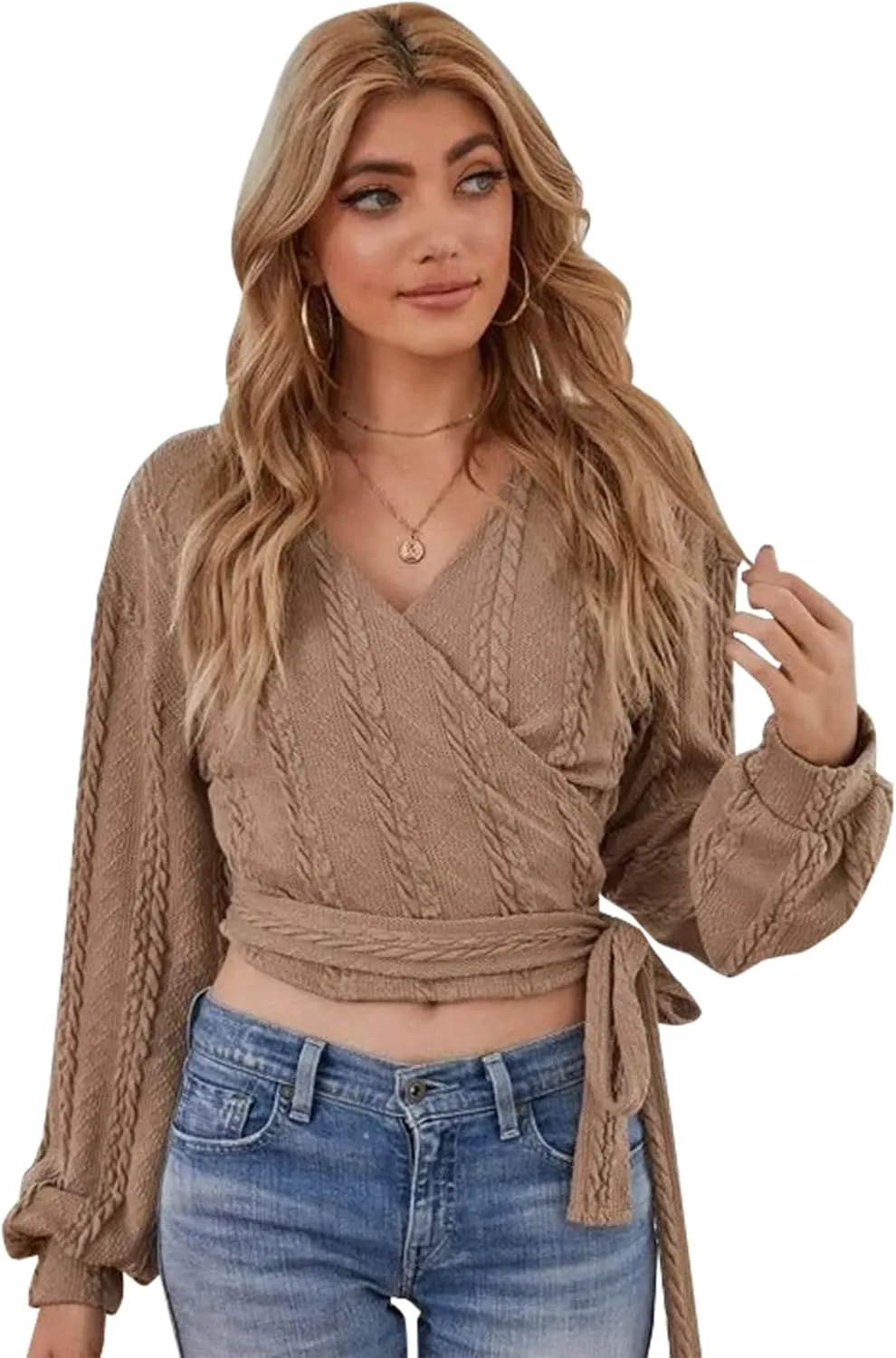 ZAFUL Women's V Neck Sweater Lantern Long Sleeve Pullover Cable Knit Cross Crop Top Casual Tie Wrap Tunic Jumper Blouses
