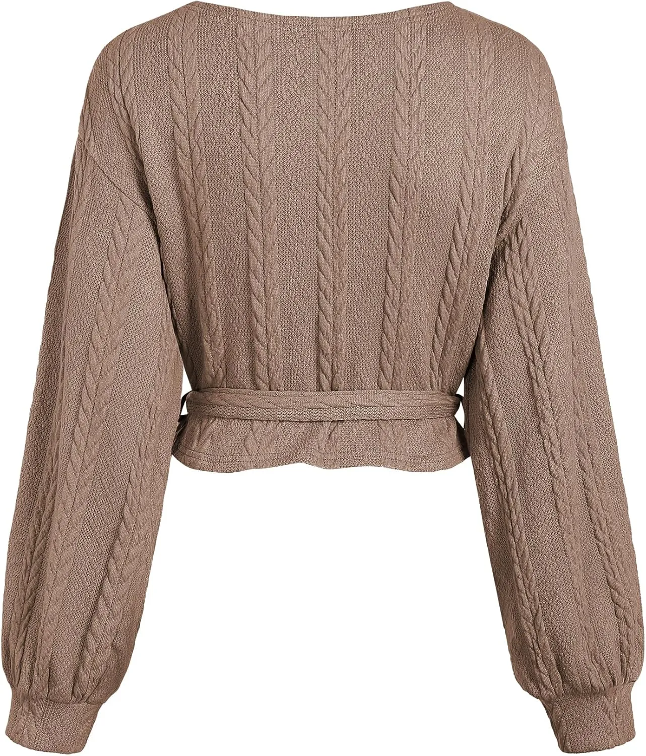 ZAFUL Women's V Neck Sweater Lantern Long Sleeve Pullover Cable Knit Cross Crop Top Casual Tie Wrap Tunic Jumper Blouses