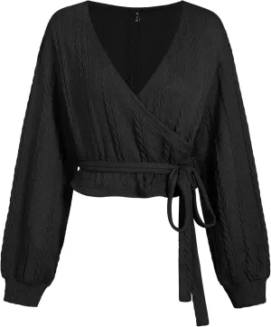 ZAFUL Women's V Neck Sweater Lantern Long Sleeve Pullover Cable Knit Cross Crop Top Casual Tie Wrap Tunic Jumper Blouses