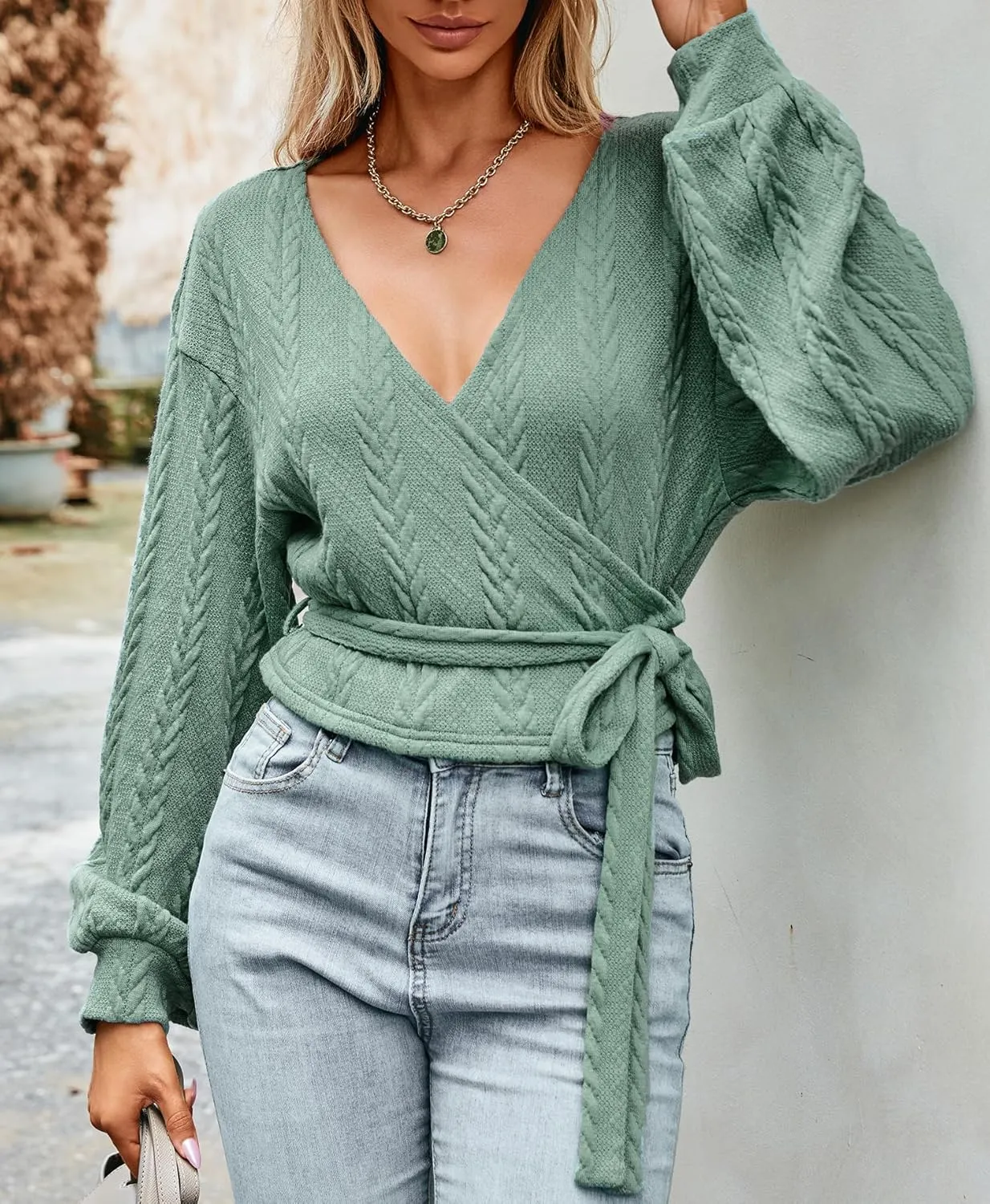 ZAFUL Women's V Neck Sweater Lantern Long Sleeve Pullover Cable Knit Cross Crop Top Casual Tie Wrap Tunic Jumper Blouses