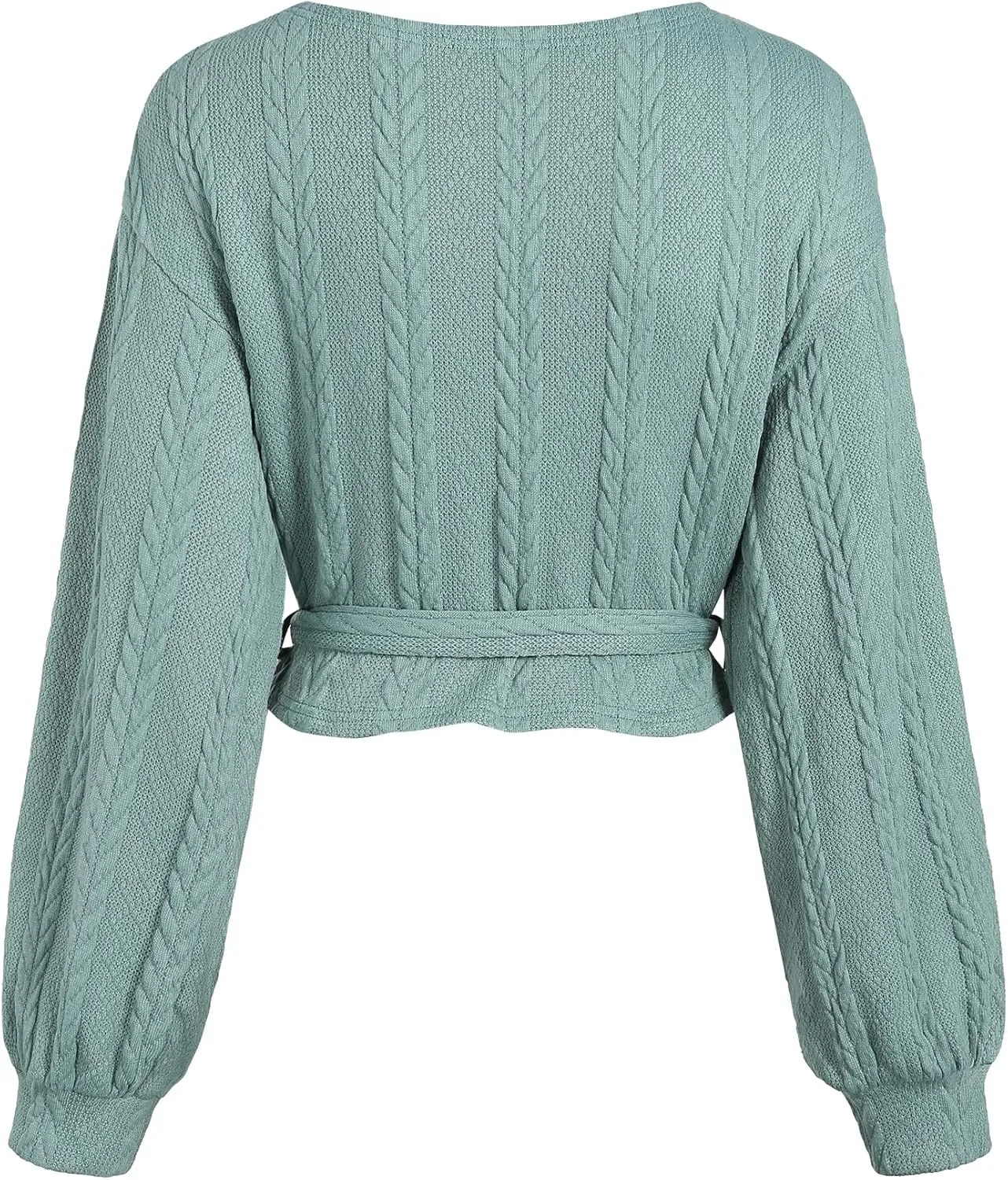 ZAFUL Women's V Neck Sweater Lantern Long Sleeve Pullover Cable Knit Cross Crop Top Casual Tie Wrap Tunic Jumper Blouses