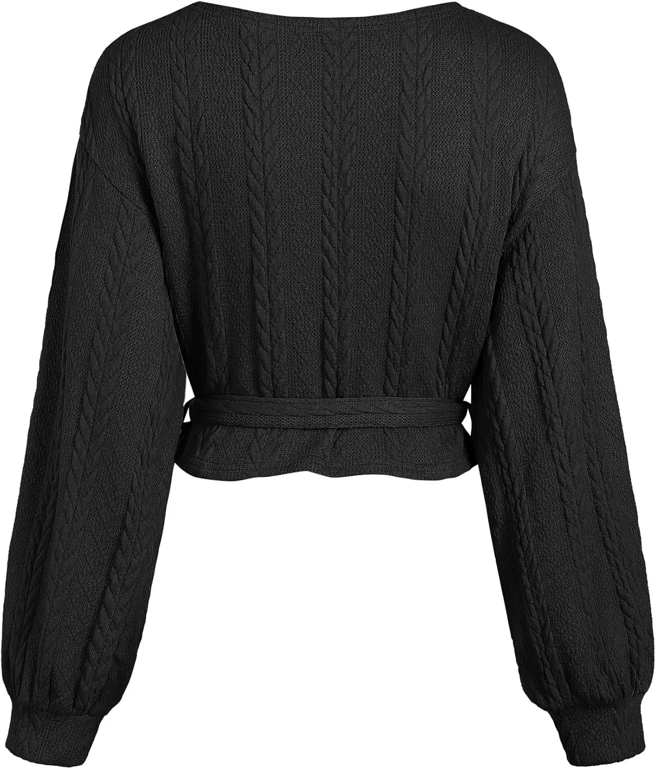 ZAFUL Women's V Neck Sweater Lantern Long Sleeve Pullover Cable Knit Cross Crop Top Casual Tie Wrap Tunic Jumper Blouses