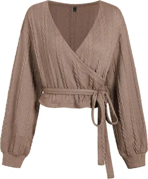 ZAFUL Women's V Neck Sweater Lantern Long Sleeve Pullover Cable Knit Cross Crop Top Casual Tie Wrap Tunic Jumper Blouses