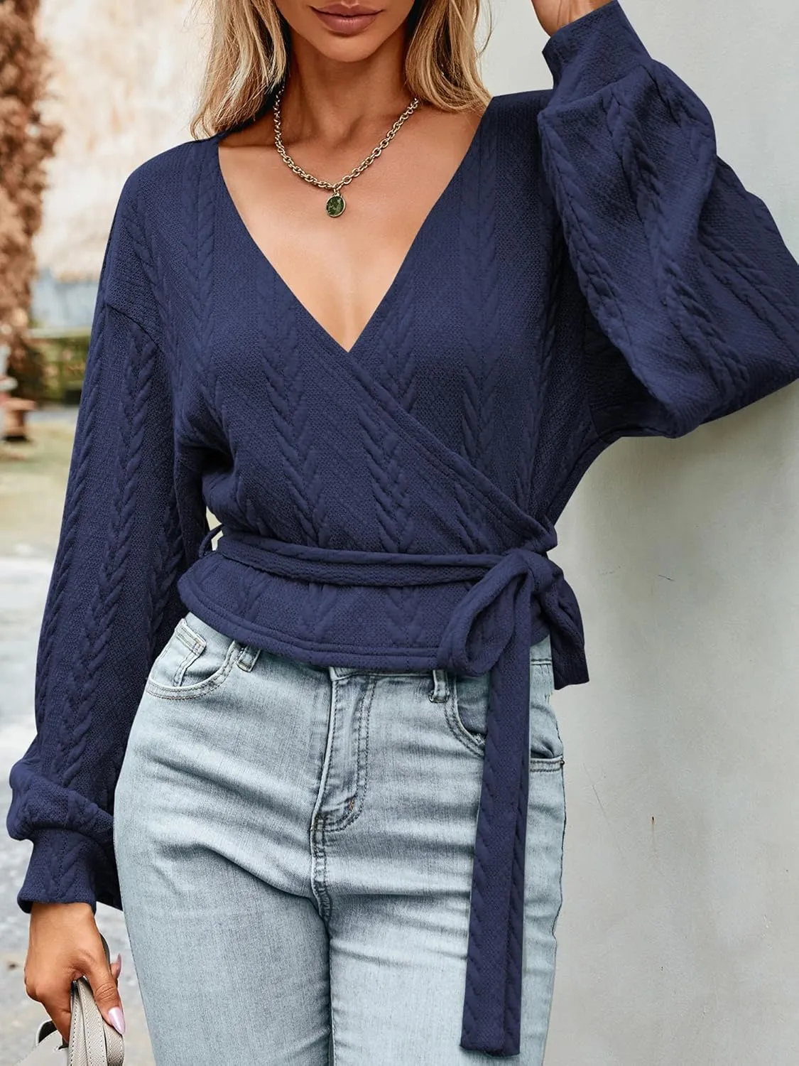 ZAFUL Women's V Neck Sweater Lantern Long Sleeve Pullover Cable Knit Cross Crop Top Casual Tie Wrap Tunic Jumper Blouses