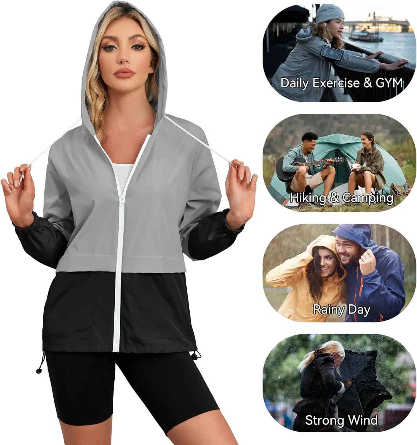 Zando Packable Rain Jacket Women Lightweight Raincoat Hood Women's Raincoats with Pocket Out Windbreaker Jacket Waterproof