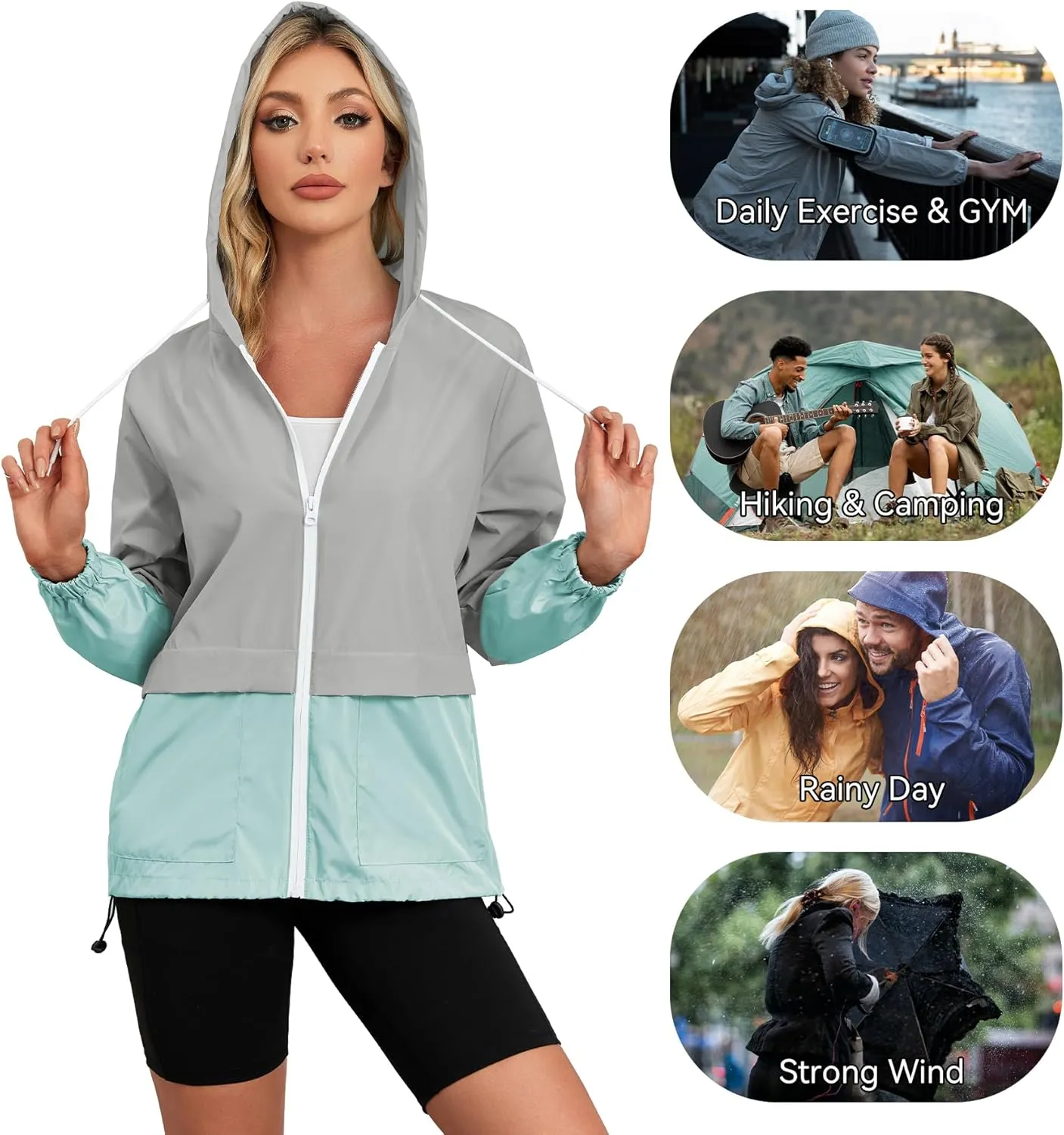 Zando Packable Rain Jacket Women Lightweight Raincoat Hood Women's Raincoats with Pocket Out Windbreaker Jacket Waterproof