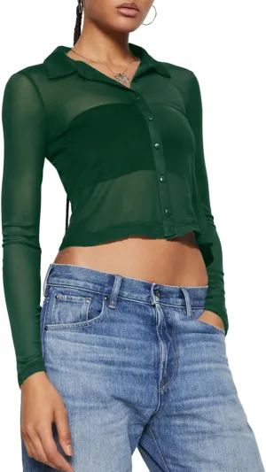 ZANZEA Women's Sexy Mesh Shirt Sheer Button Up Blouse See Through Long Sleeve Crop Top