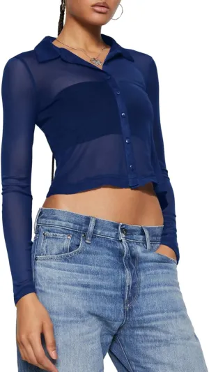 ZANZEA Women's Sexy Mesh Shirt Sheer Button Up Blouse See Through Long Sleeve Crop Top