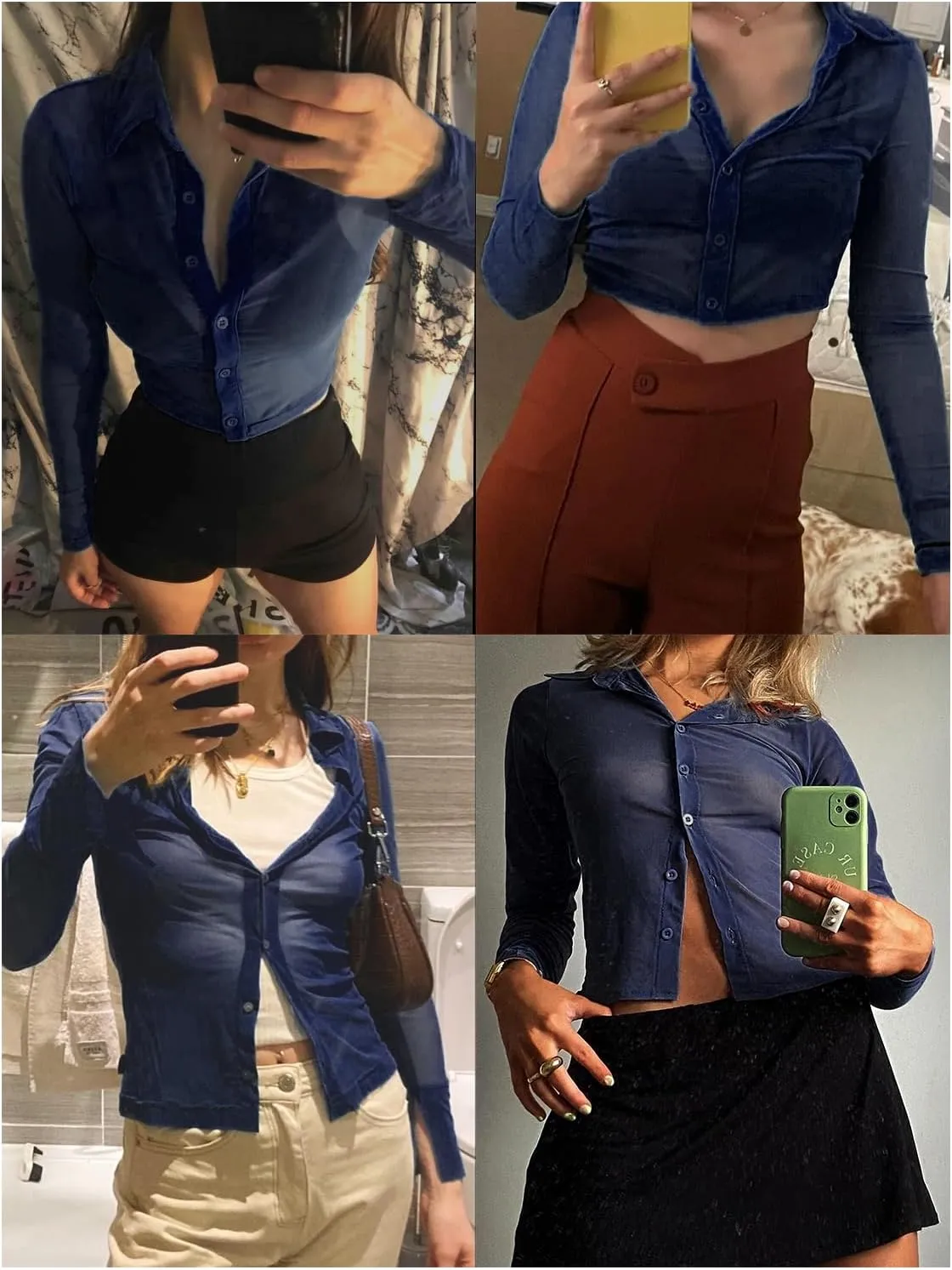 ZANZEA Women's Sexy Mesh Shirt Sheer Button Up Blouse See Through Long Sleeve Crop Top