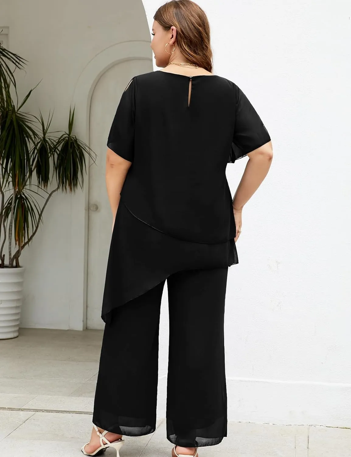 ZOMVA Plus Size Dressy Chiffon Pant Suit 2 Piece for Wedding Mother of The Bride Groom Formal Set Elegant Outfit