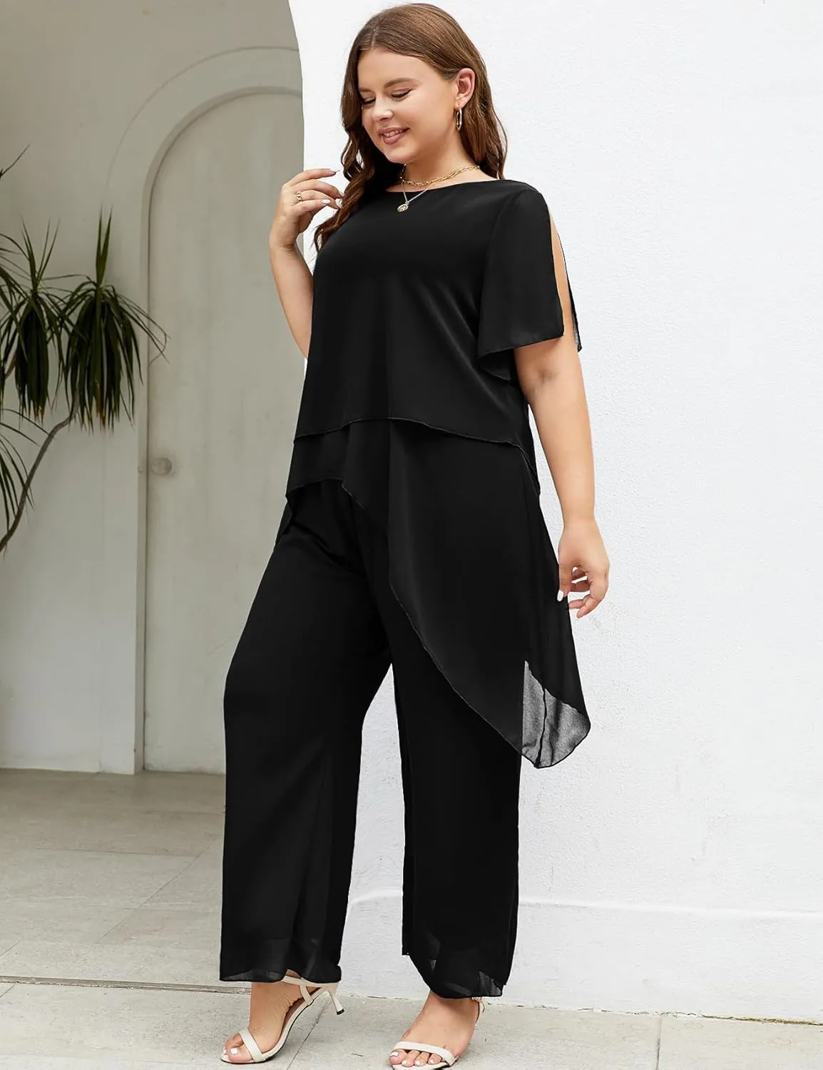 ZOMVA Plus Size Dressy Chiffon Pant Suit 2 Piece for Wedding Mother of The Bride Groom Formal Set Elegant Outfit