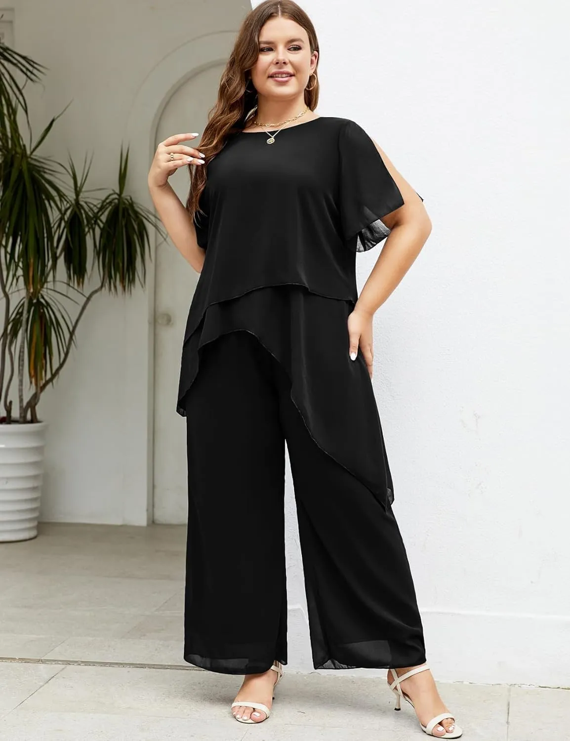 ZOMVA Plus Size Dressy Chiffon Pant Suit 2 Piece for Wedding Mother of The Bride Groom Formal Set Elegant Outfit