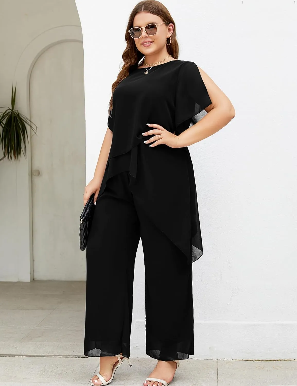 ZOMVA Plus Size Dressy Chiffon Pant Suit 2 Piece for Wedding Mother of The Bride Groom Formal Set Elegant Outfit