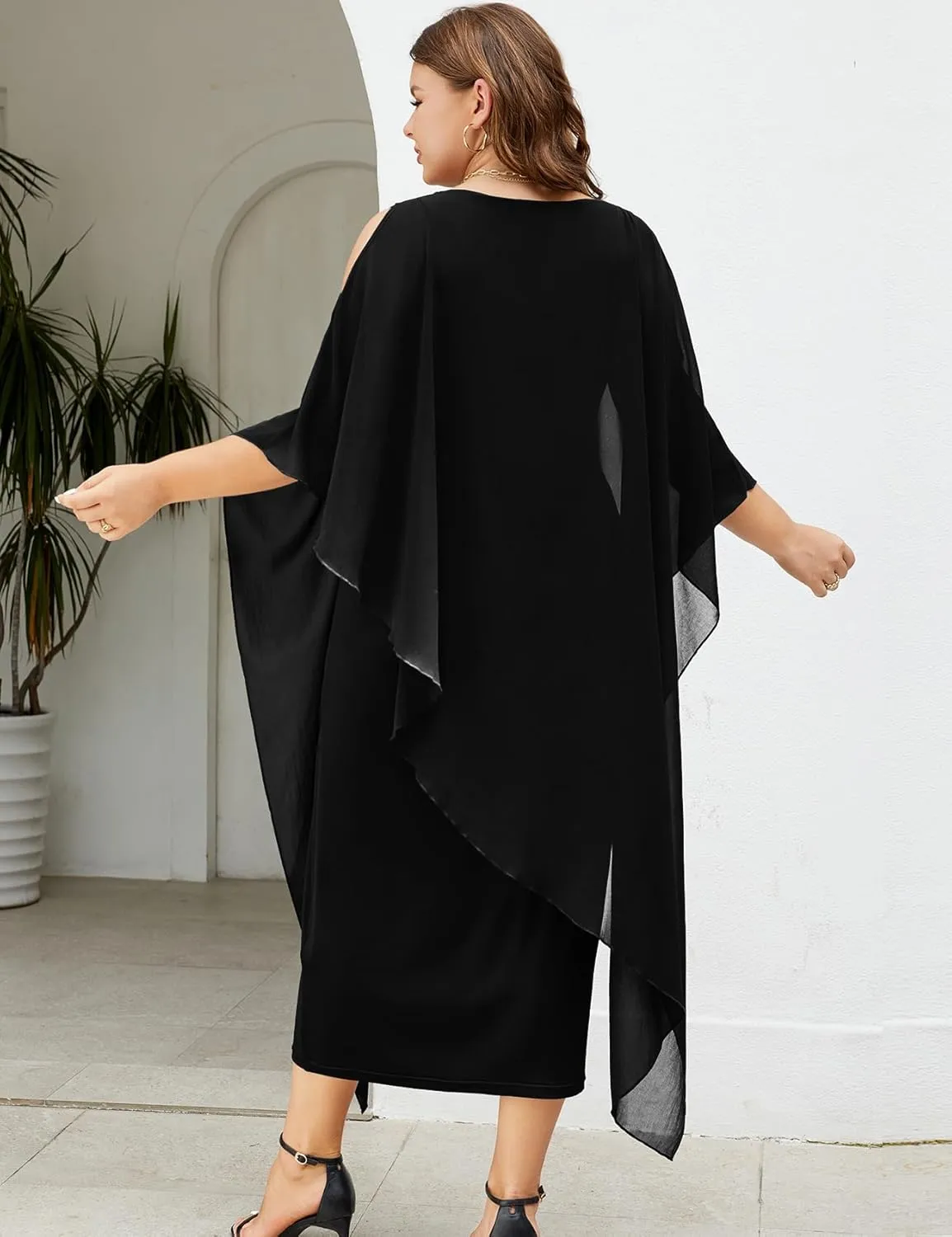 ZOMVA Plus Size Elegant Formal Dress Long Cape Overlay Wedding Guest Formal Cocktail Mother of Bride Outfit