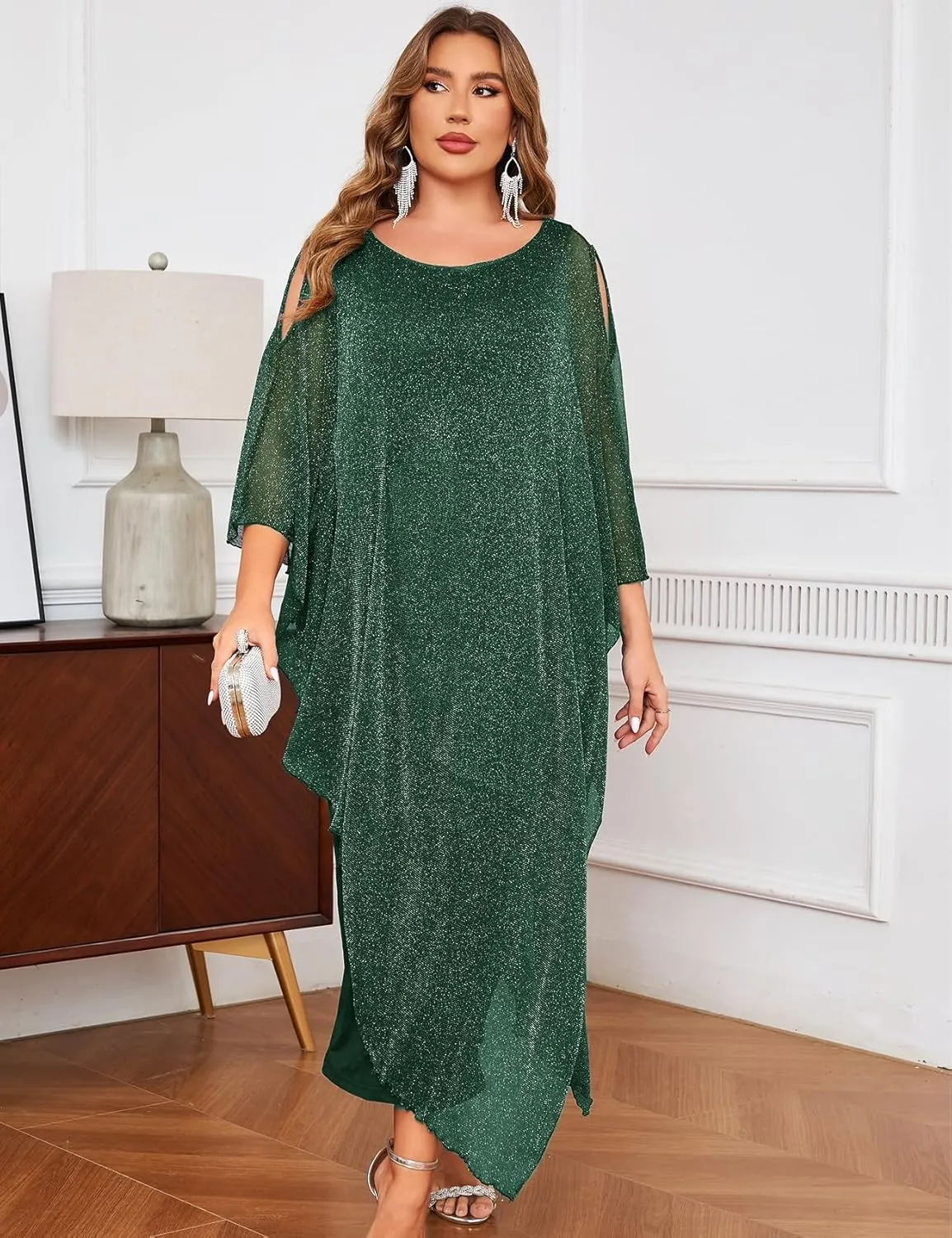 ZOMVA Plus Size Elegant Formal Dress Long Cape Overlay Wedding Guest Formal Cocktail Mother of Bride Outfit