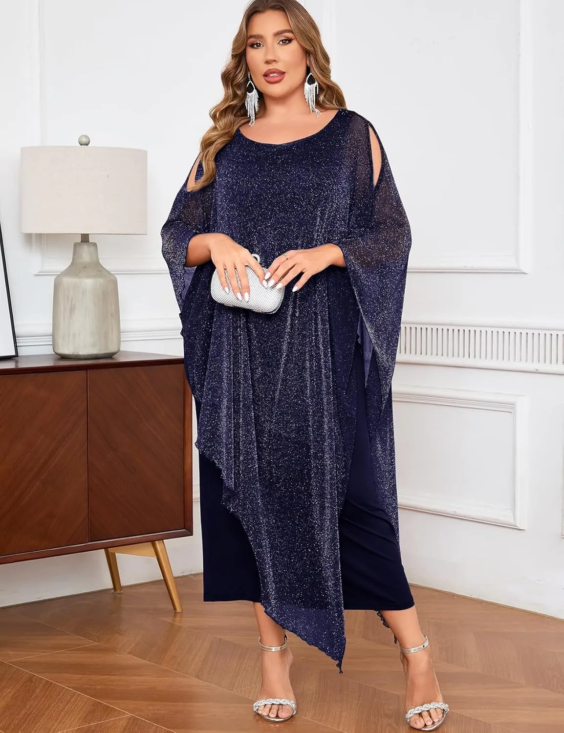 ZOMVA Plus Size Elegant Formal Dress Long Cape Overlay Wedding Guest Formal Cocktail Mother of Bride Outfit