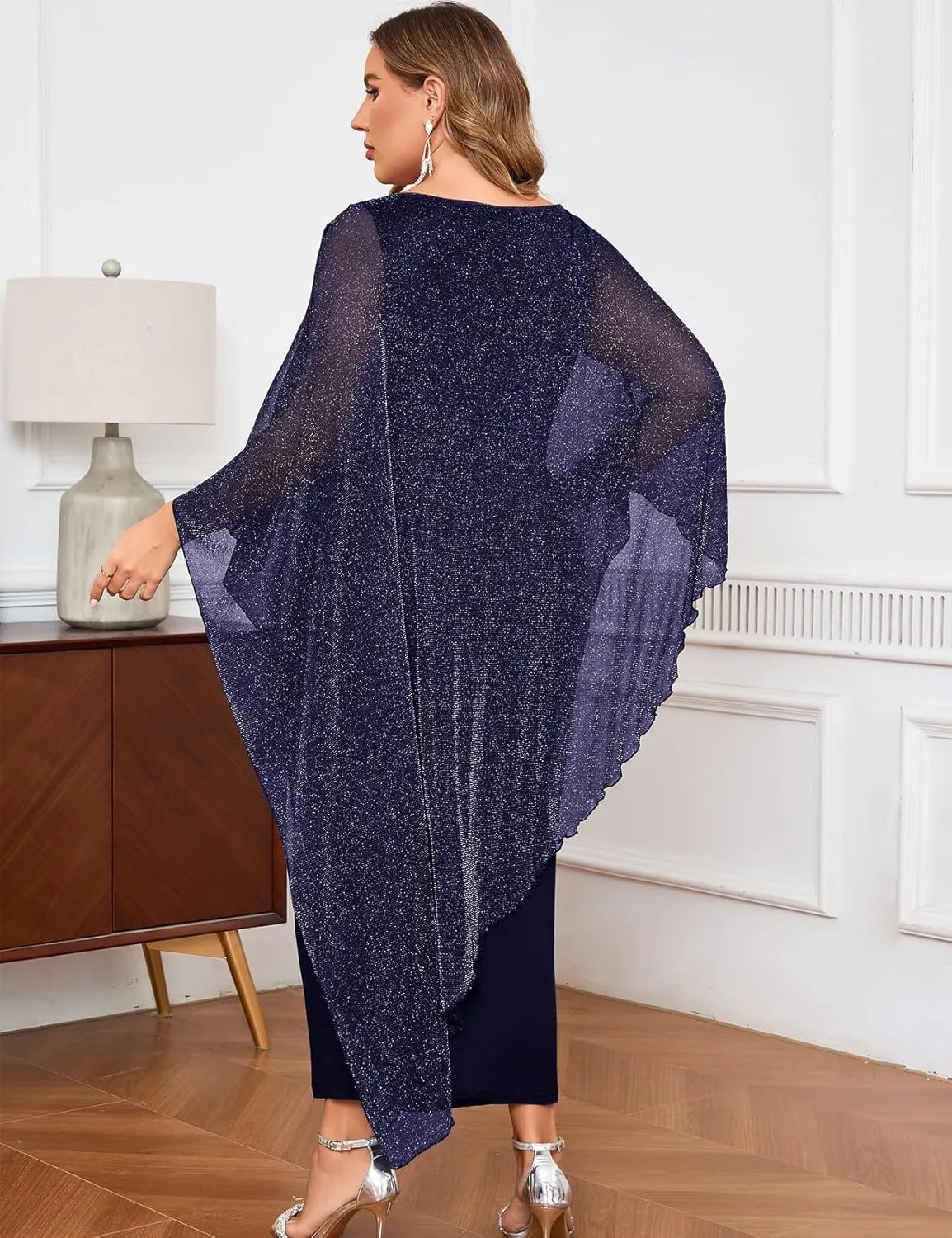 ZOMVA Plus Size Elegant Formal Dress Long Cape Overlay Wedding Guest Formal Cocktail Mother of Bride Outfit