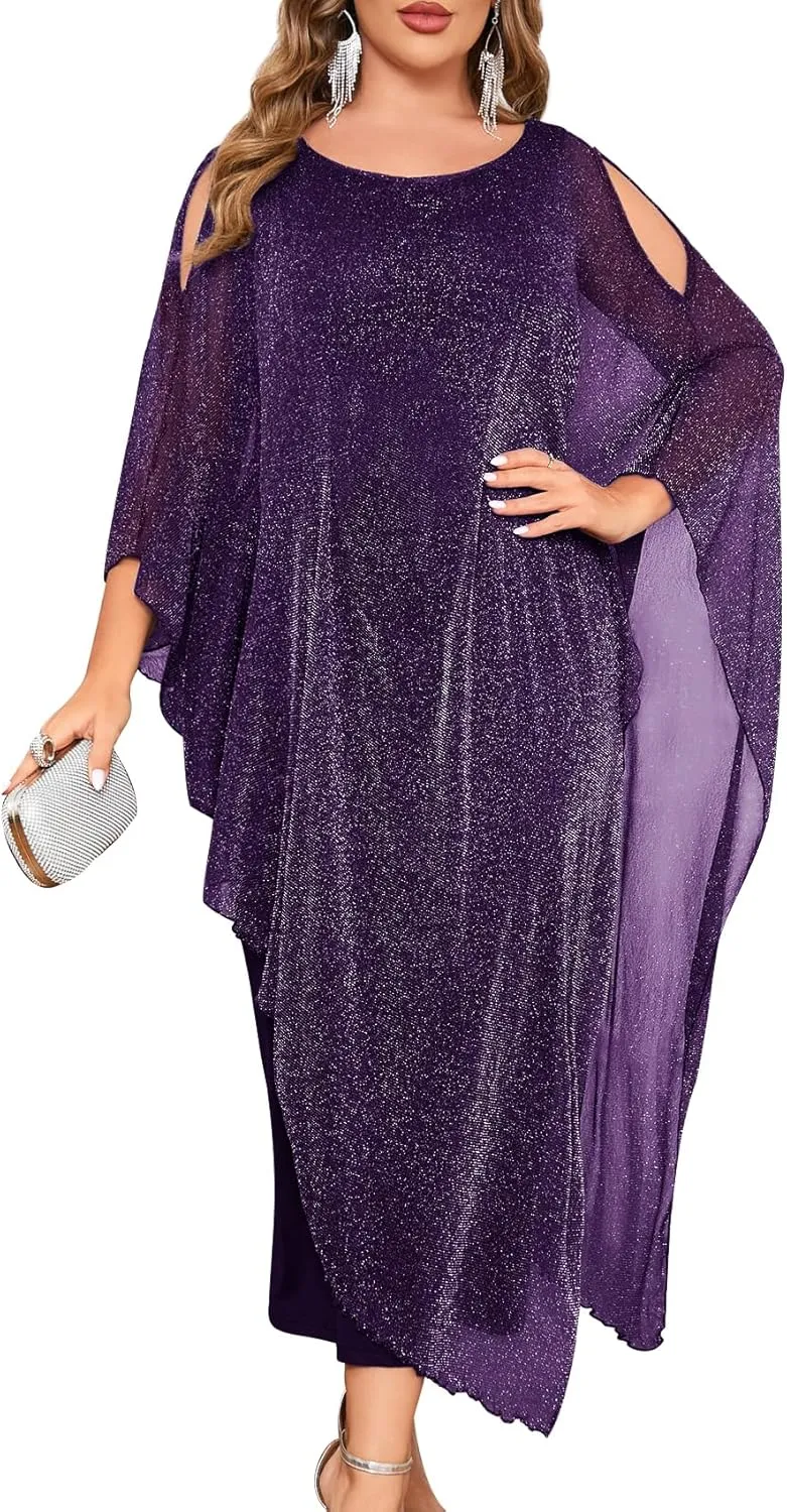 ZOMVA Plus Size Elegant Formal Dress Long Cape Overlay Wedding Guest Formal Cocktail Mother of Bride Outfit