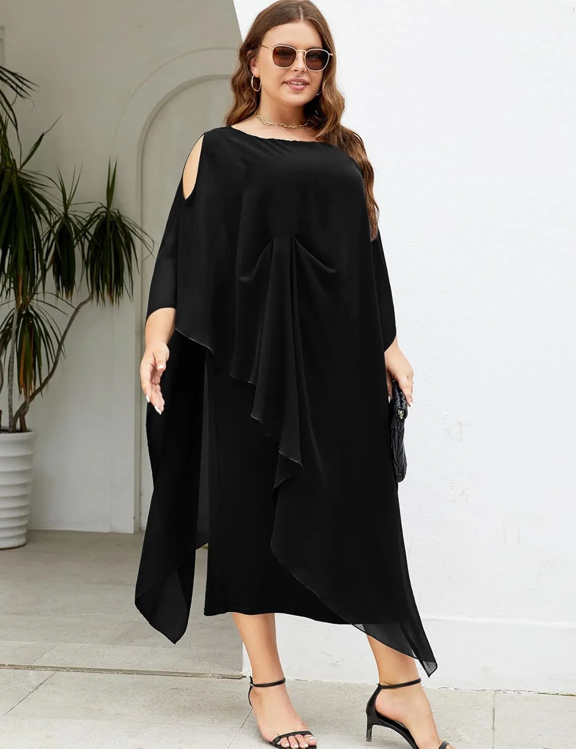 ZOMVA Plus Size Elegant Formal Dress Long Cape Overlay Wedding Guest Formal Cocktail Mother of Bride Outfit