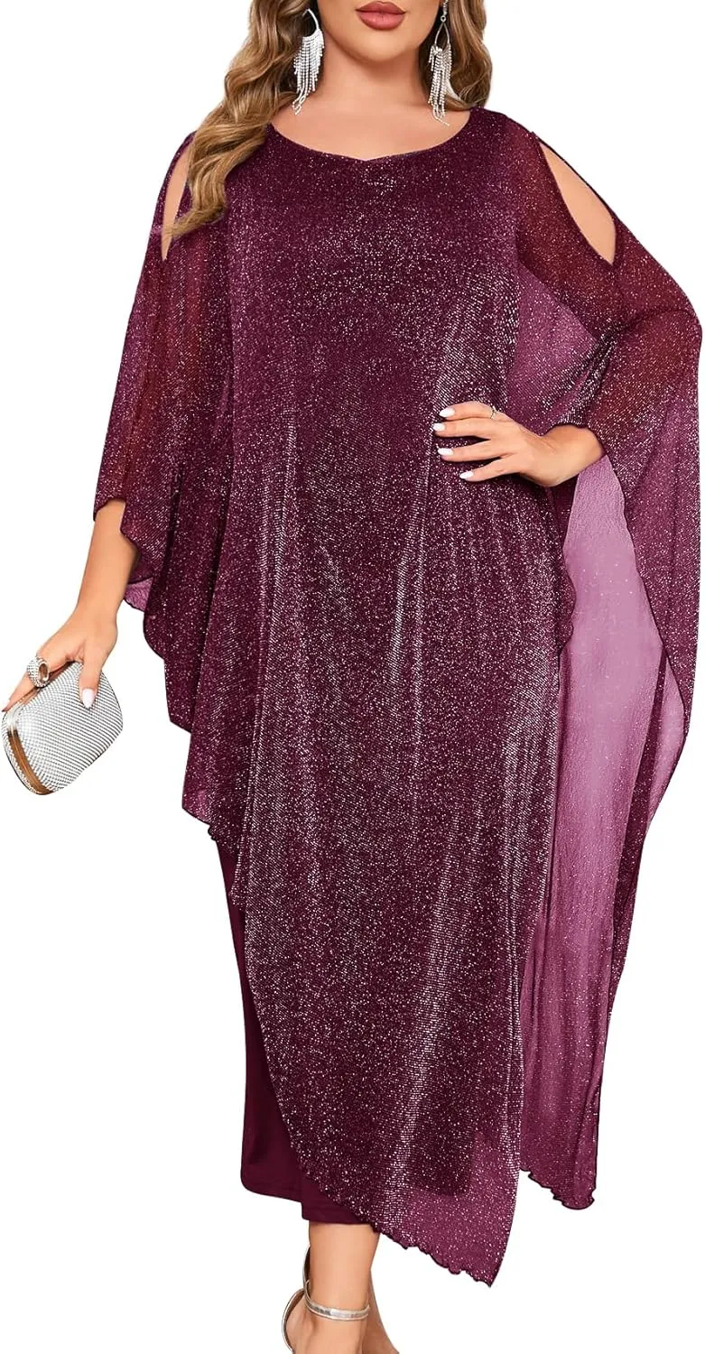 ZOMVA Plus Size Elegant Formal Dress Long Cape Overlay Wedding Guest Formal Cocktail Mother of Bride Outfit