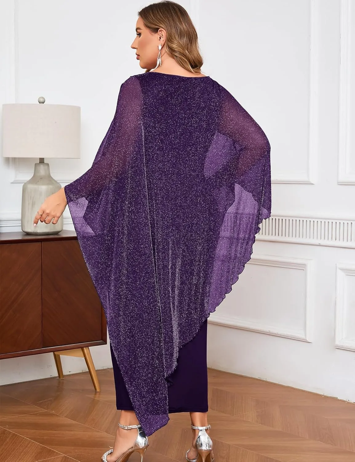 ZOMVA Plus Size Elegant Formal Dress Long Cape Overlay Wedding Guest Formal Cocktail Mother of Bride Outfit