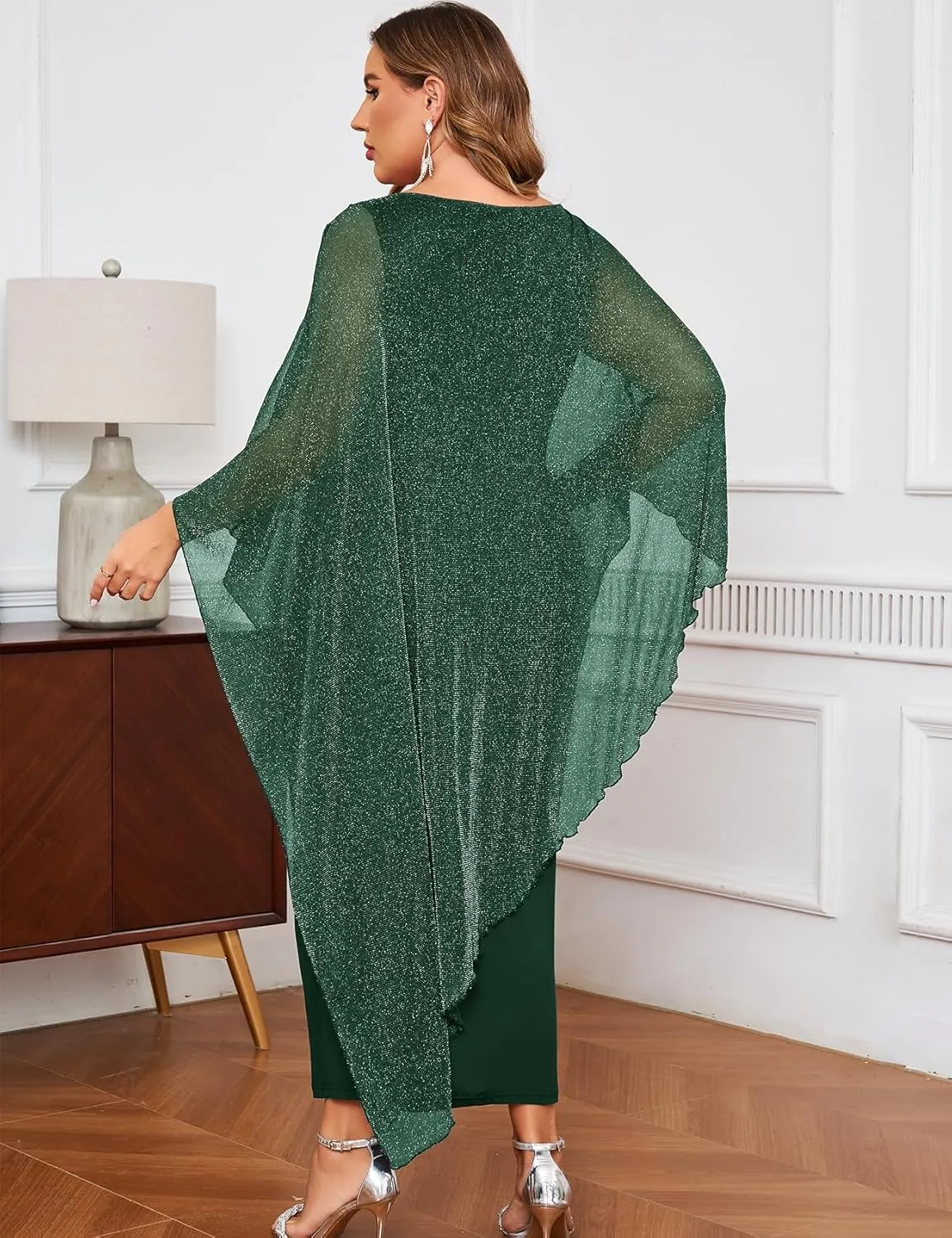 ZOMVA Plus Size Elegant Formal Dress Long Cape Overlay Wedding Guest Formal Cocktail Mother of Bride Outfit
