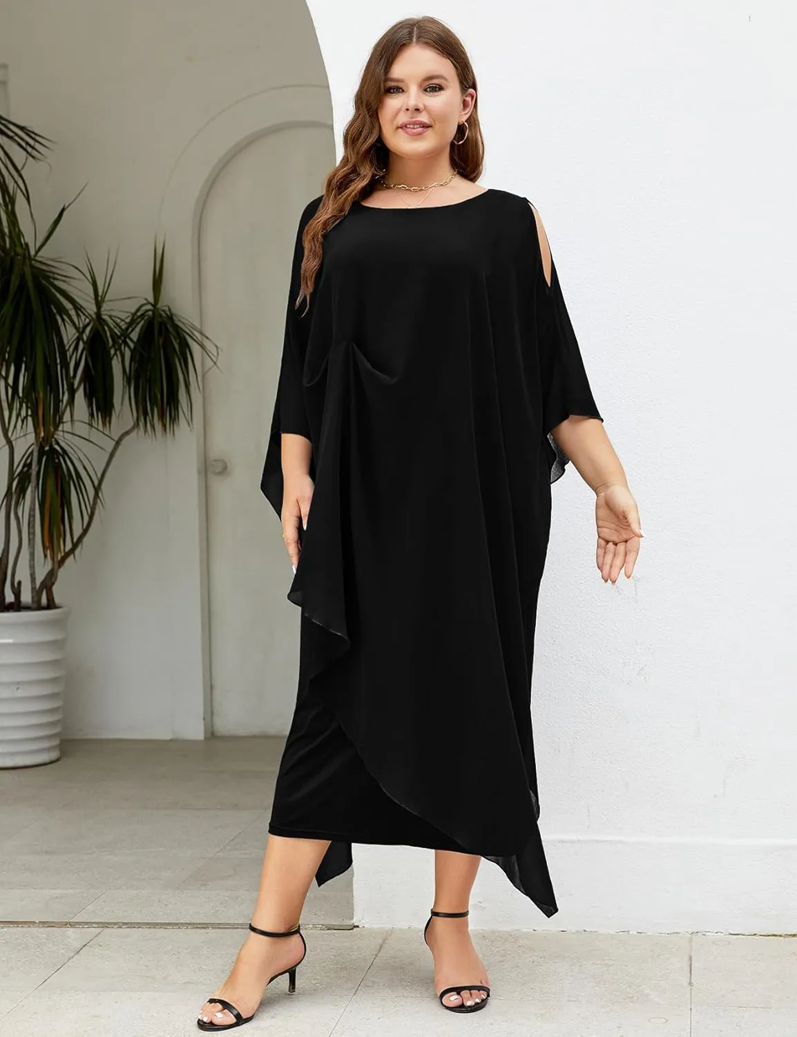 ZOMVA Plus Size Elegant Formal Dress Long Cape Overlay Wedding Guest Formal Cocktail Mother of Bride Outfit