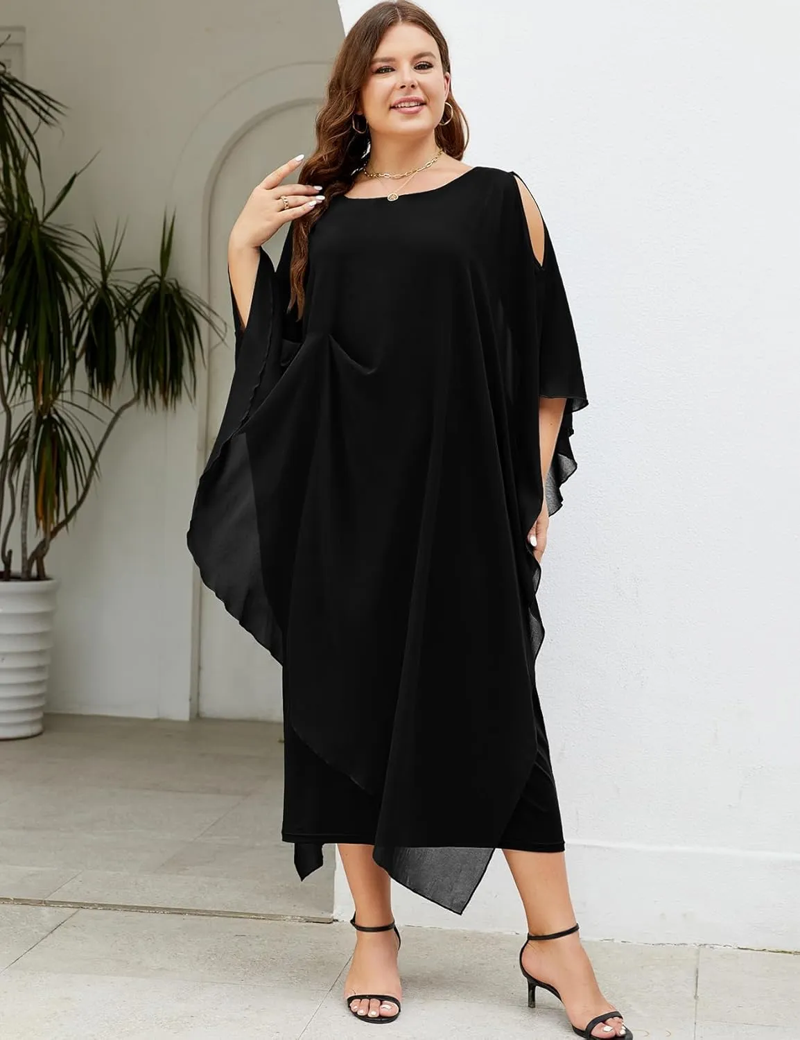 ZOMVA Plus Size Elegant Formal Dress Long Cape Overlay Wedding Guest Formal Cocktail Mother of Bride Outfit