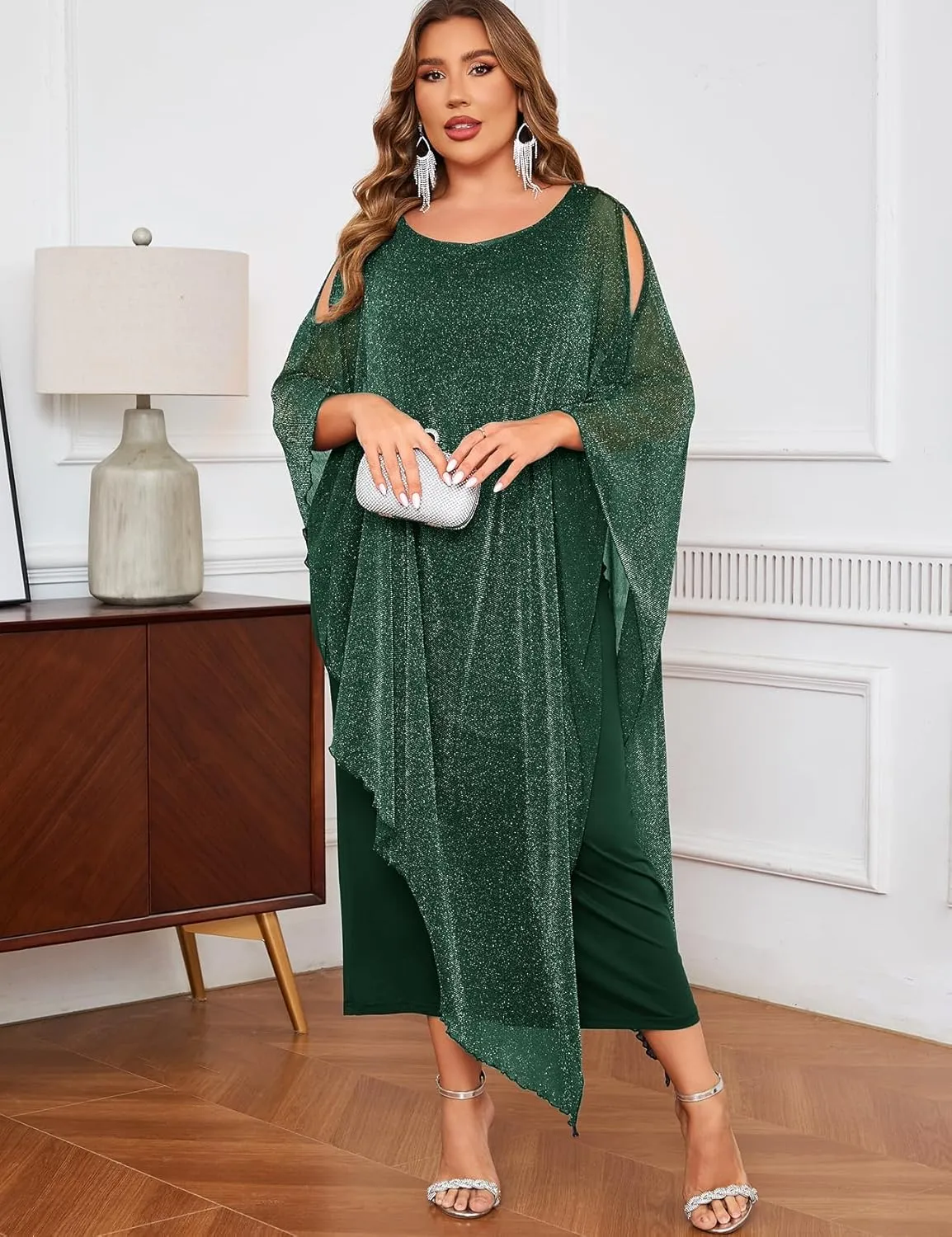 ZOMVA Plus Size Elegant Formal Dress Long Cape Overlay Wedding Guest Formal Cocktail Mother of Bride Outfit