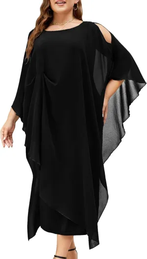 ZOMVA Plus Size Elegant Formal Dress Long Cape Overlay Wedding Guest Formal Cocktail Mother of Bride Outfit