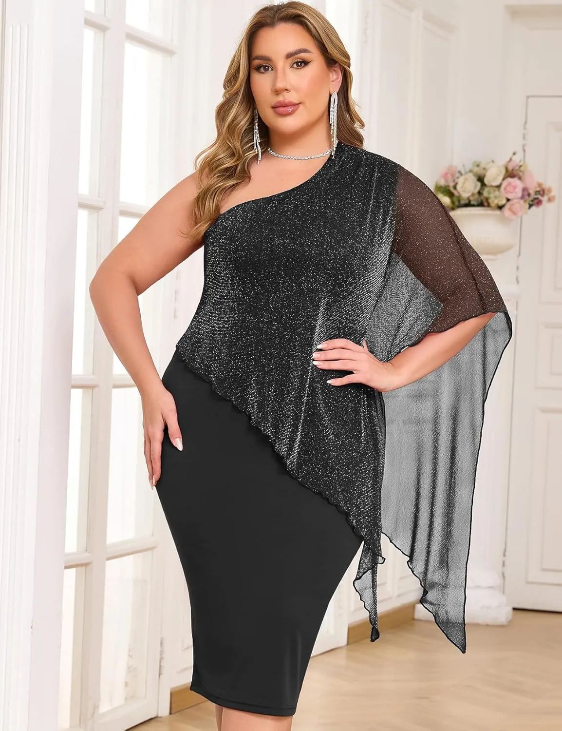 ZOMVA Plus Size One Shoulder Cape Dress Sparkly Overlay Bodycon Midi Wedding Guest Formal Cocktail Mother of Bride Outfit