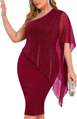 ZOMVA Plus Size One Shoulder Cape Dress Sparkly Overlay Bodycon Midi Wedding Guest Formal Cocktail Mother of Bride Outfit
